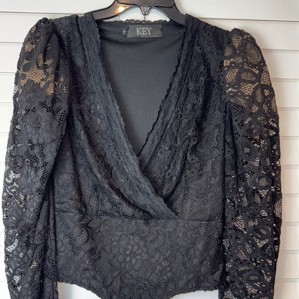 Black Lace Wrap Bodysuit with Long Sleeves